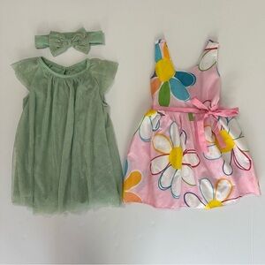 Baby Girl Clothes Green Tulle Dress and Pink Floral Dress Set with Headband
